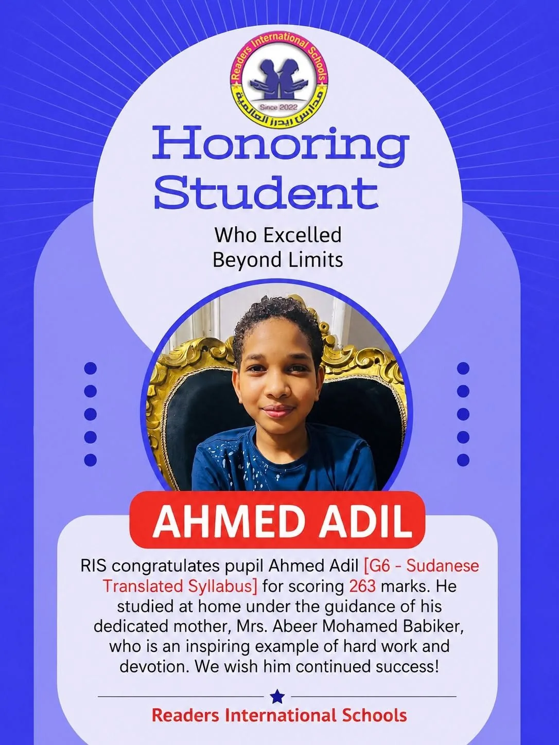 RIS congratulates Ahmed Adil for scoring 263 marks in Grade 6 Sudanese Translated Syllabus
